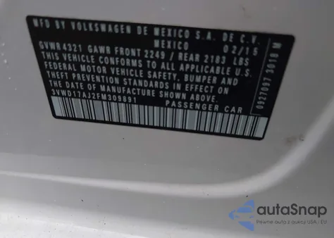 2015 Volkswagen Jetta 1.8T Se z USA, uszkodzony, nr VIN 3VWD17AJ2FM309891